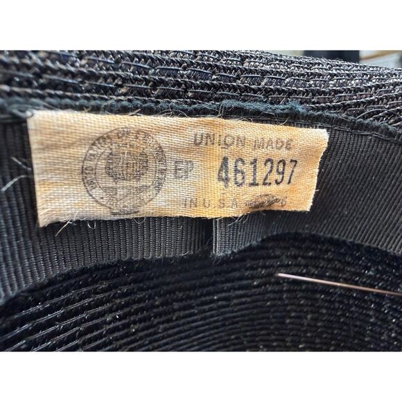Vintage Union Made Black Tilt Cocktail Hat with Bow Original Hat Pin 8” Diameter main image 9
